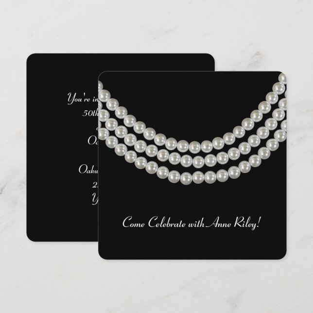 Invitación collar de perlas blancas en negro para la fiesta d (Anverso / Reverso)
