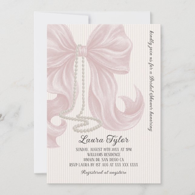 Invitación Collar de perlas con lazo rosa para despedida de s (Anverso)