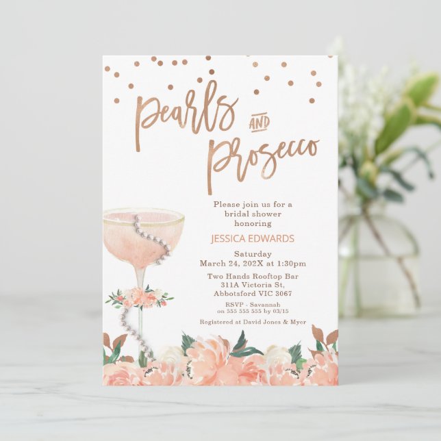 Invitación Collar de Perlas Florales de Melocotón Prosecco De (Anverso de pie)