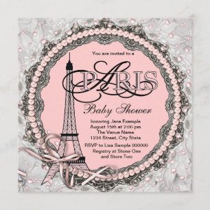 Invitación Collar de Perlas Rosadas Baby Shower París Rosa