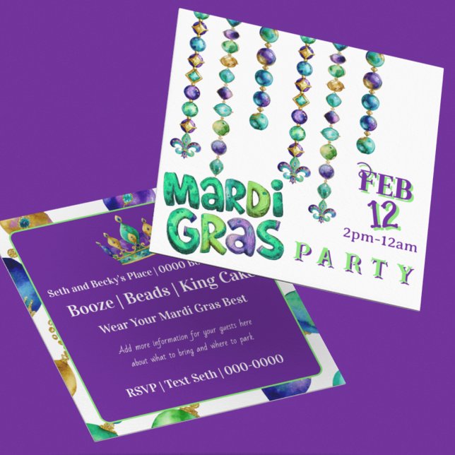 Invitación Collares de cuentas de Mardi Gras (Personalize the front and reverse of this Mardi Gras Party invitation featuring mardi gras beads)