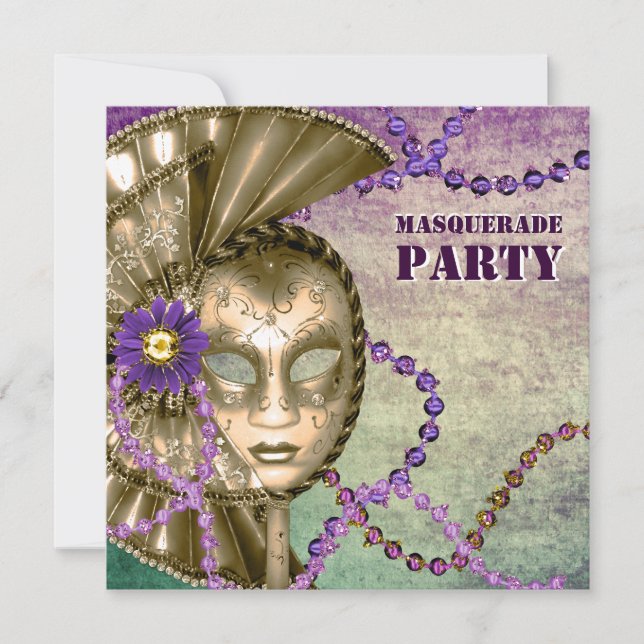 Invitación Collares de cuentas de Mardi Gras Morado Verde Fie (Anverso)