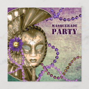 Invitación Collares de cuentas de Mardi Gras Morado Verde Fie