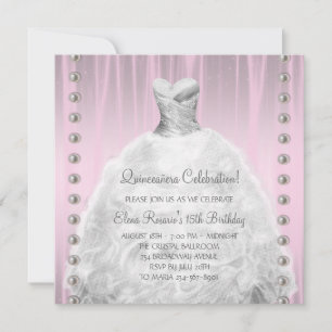 Invitación Collares de perlas de vestido de fiesta rosa Quinc