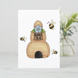 Invitación Colmena de Abejas Melíferas con Flor Azul y Abejas