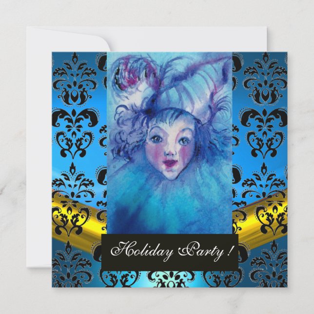 INVITACIÓN COLOCA EN AZUL, MONOGRAMA DE DAMASCA DE ORO NEGRO, (Anverso)