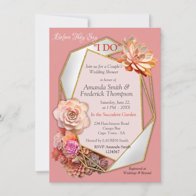 Invitación Color Apricot Crush 2024 con suculentos (Anverso)