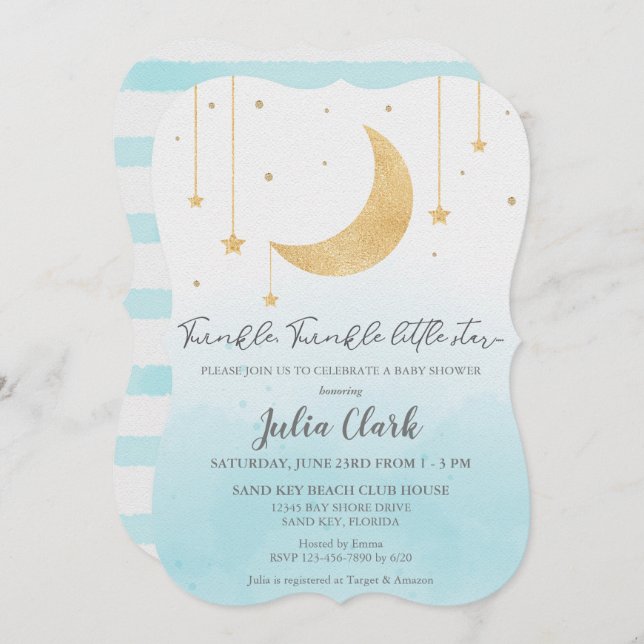 Invitación Color azul Twinkle Twinkle Pequeña Estrella (Anverso / Reverso)
