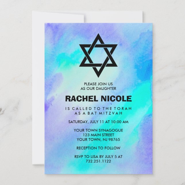 Invitación Color azul y turquesa Mira Mitzvah (Anverso)