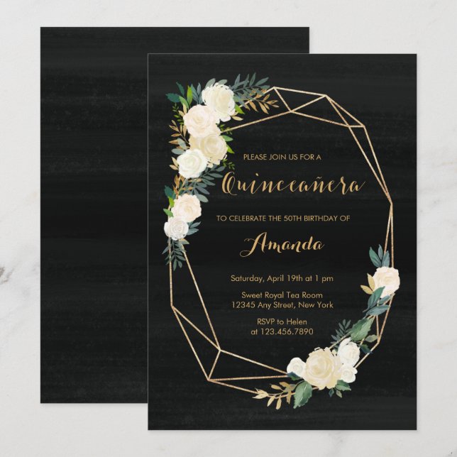 Invitación Color blanco negro de agua floral Quinceanera (Anverso / Reverso)