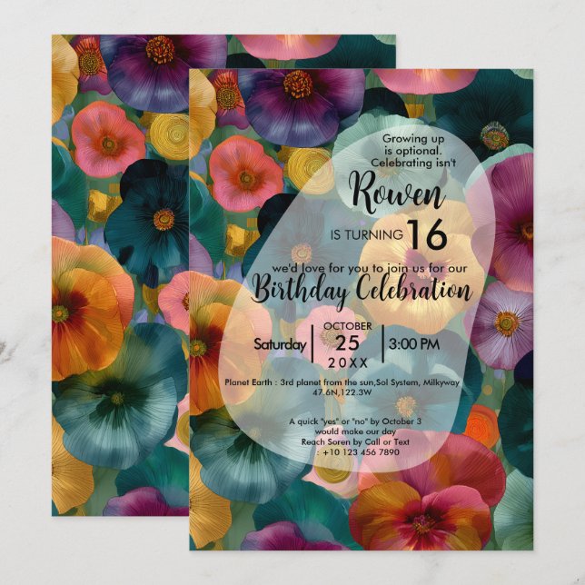 Invitación Color Bloom | Diseño de Flores Coloridas (Anverso / Reverso)