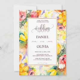 Invitación Color brillante Retro Floral Dorado Boda moderno