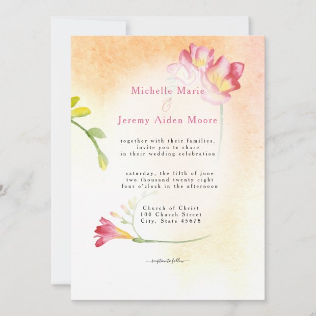 Invitación Color caliente Color rosa Freesia Floral (Anverso)