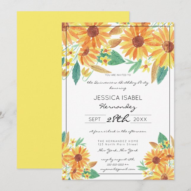 Invitación Color de agua amarillo girasol Quinceañera (Anverso / Reverso)