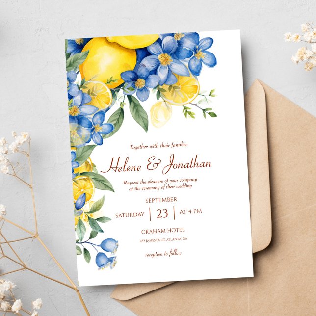 Invitación Color de agua azul amarillo amarillo amarillo amar (Lemons Watercolor Blue Yellow Elegant Wedding Invitation)