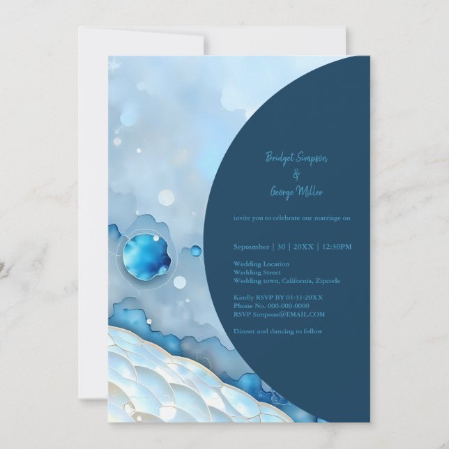 Invitación Color de agua azul de lujo Abstracto Pearlescent (Anverso)
