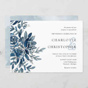 Invitación color de agua azul índigo flores horizontales boda