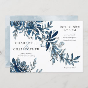 Invitación color de agua azul índigo flores horizontales boda