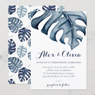 Invitación Color de agua azul Monstera deja Boda