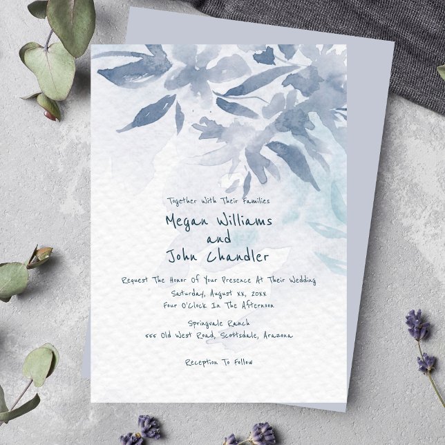 Invitación Color de agua azul suave deja Boda (Soft Blue Watercolor Leaves Wedding Invitation)