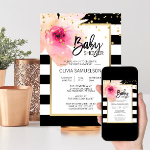 Invitación Color de agua blanco negro color rosa Flora Baby S