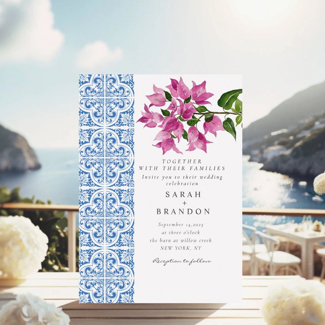 Invitación Color de agua Bougainvillea Baldosas azules Boda (Subido por el creador)