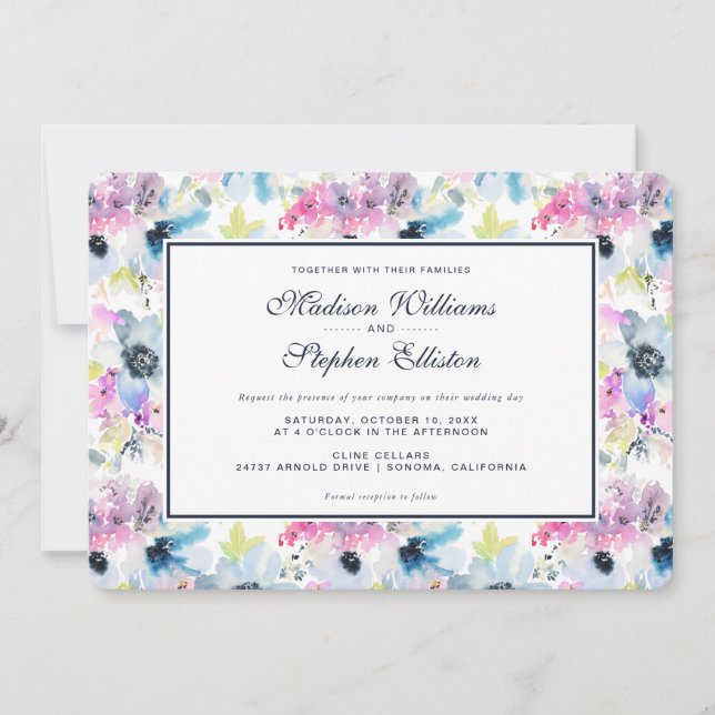 Invitación Color de agua con flores - Boda (Anverso)