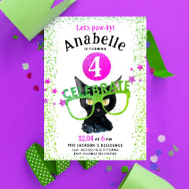 Invitación Color de agua de la pata de gato negro verde rosad