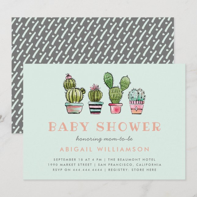 Invitación Color de agua dulce Cactus Baby Shower (Anverso / Reverso)