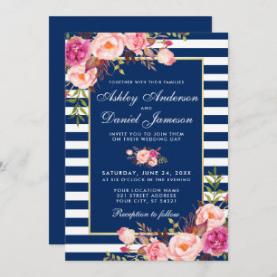 Invitación Color de agua floral Bandas azules rosadas Boda