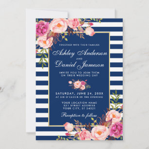 Invitación Color de agua floral Bandas azules rosadas Boda W