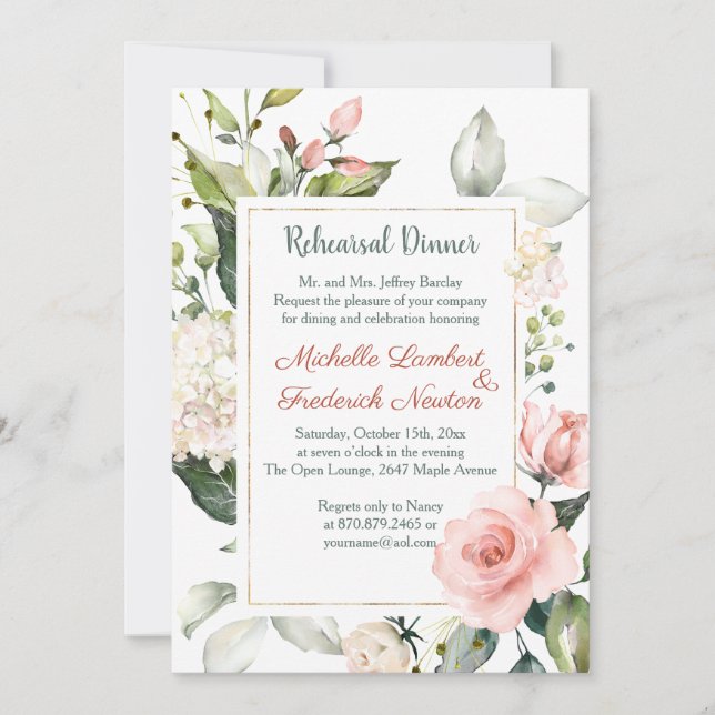 Invitación Color de agua floral, follaje Ensayo Cena (Anverso)