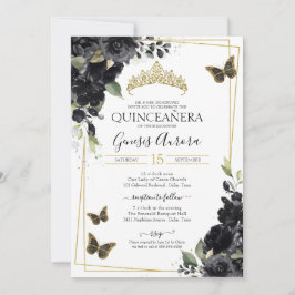 Invitación Color de agua floral negro Mariposa de oro Quincea