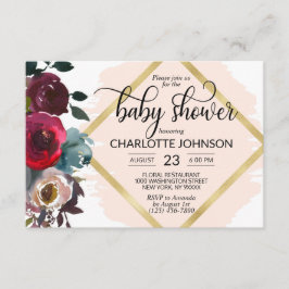 Invitación Color de agua Floral Rosa Borgoña Gold Baby Shower