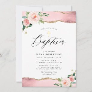 Invitación color de agua floral rosado agudo agate baptism
