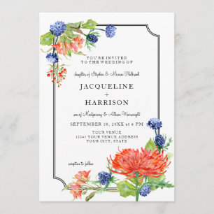 Invitación Color de agua floral simple Naranja del cardo azul