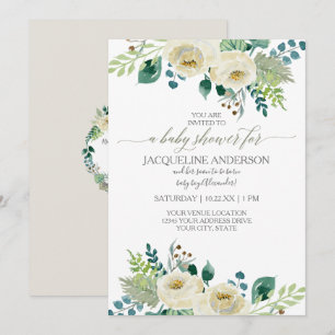 Invitación Color de agua Género Neutral Floral blanca de Baby