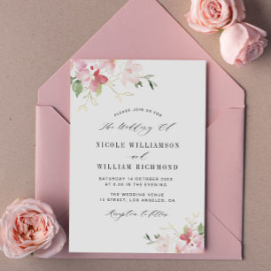Invitación color de agua gris floral y boda rubio