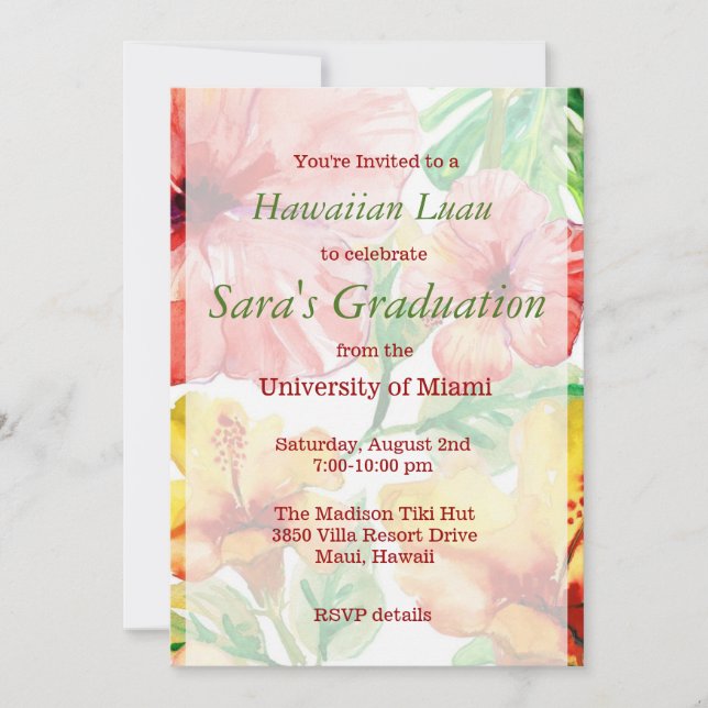 Invitación Color de agua Hibiscus Flores Hawaiian Luau Sweet  (Anverso)