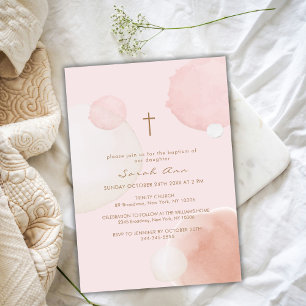 Invitación Color de agua mínimo rosa Boho Baptismo cruzado de