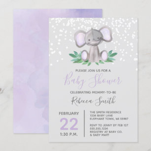Invitación Color de agua morado del elefante Baby Shower
