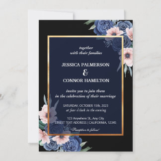 Invitación Color de agua negro elegante Boda floral moderno