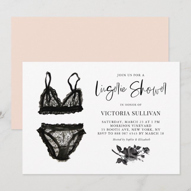 Invitación Color de agua negro Lace Lingerie Bridal Shower (Anverso / Reverso)
