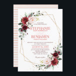 Invitación Color de agua romántico Borgoña Floral Geométrica<br><div class="desc">Elegante y moderno, romántico y romántico acuarela floral tarjeta de invitación a la boda con un ramo de burdeos / marsala, rosa rubor, púrpura, color melocotón con un follaje a juego. Perfecto para un boda de otoño/verano medio. Encontrará más diseños y variaciones de mi tienda "blissweddingpaperie". Y no dudes en...</div>