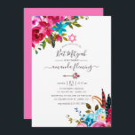 Invitación Color de agua rosa Boho Moda Floral Bat Mitzvah<br><div class="desc">Moda boho rosa caliente y azul turquesa color de agua ramos florales invitación mitzvah con elegante tipografía de escritura a mano.</div>