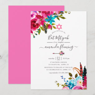 Invitación Color de agua rosa Boho Moda Floral Bat Mitzvah