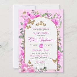 Invitación Color de agua rosa caliente Moto de mariposa dorad