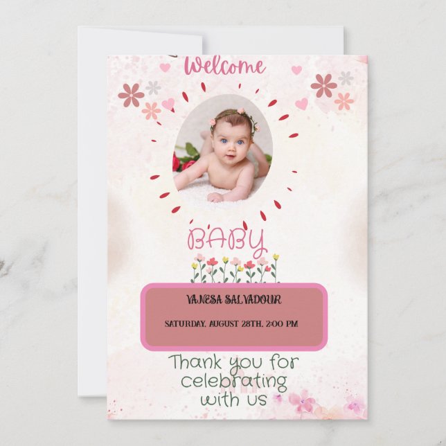 Invitación color de agua rosa de bienvenida bebé (Anverso)