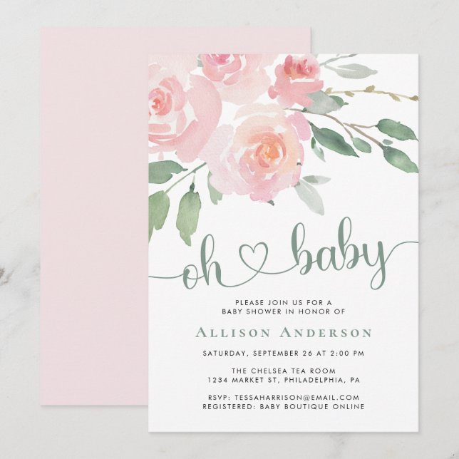 Invitación Color de agua rosa floral Baby Shower (Anverso / Reverso)