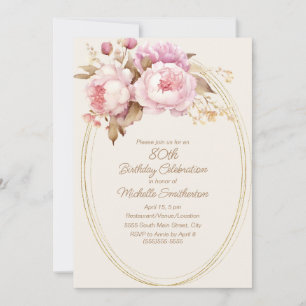 Invitación Color de agua rosa Floral Marco dorado 80 cumpleañ